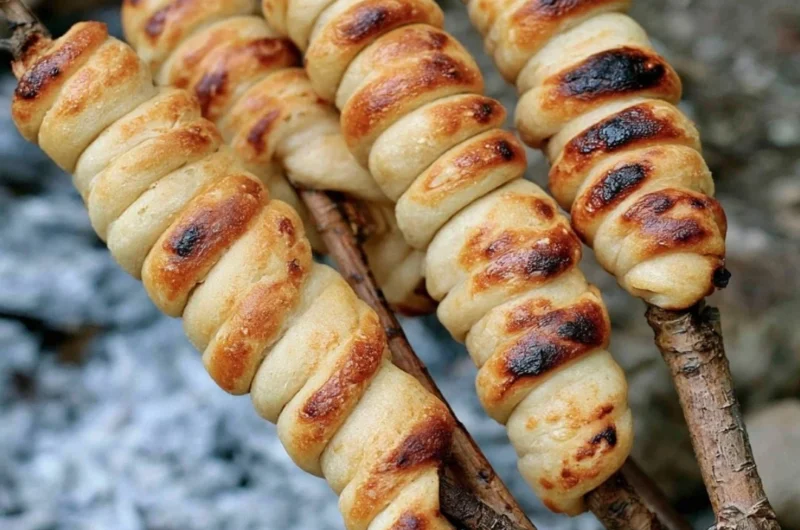Homemade campfire bread cooking over an open flame