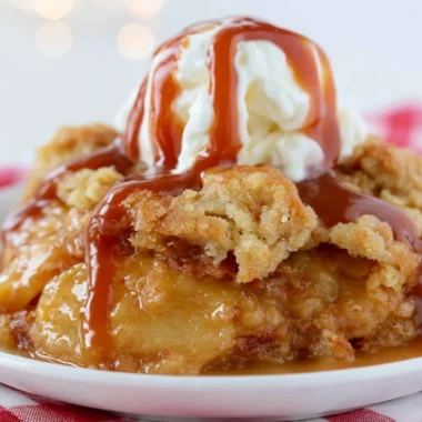 Delicious Caramel Apple Dump Cake served on a plate with caramel drizzle.