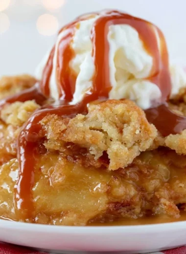 Delicious Caramel Apple Dump Cake served on a plate with caramel drizzle.