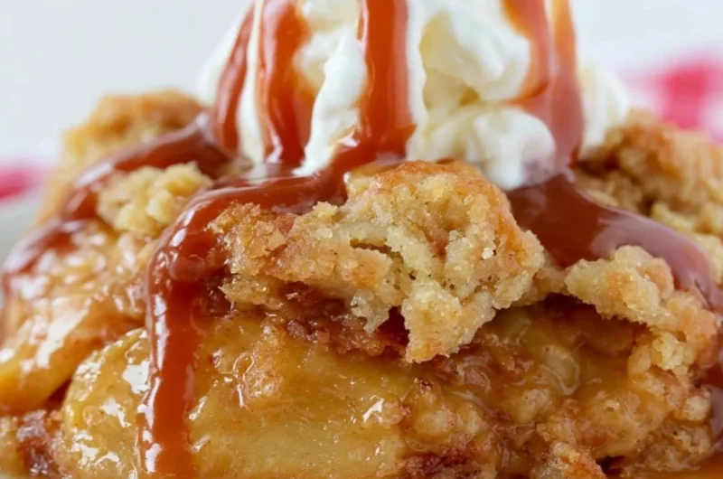Delicious Caramel Apple Dump Cake served on a plate with caramel drizzle.