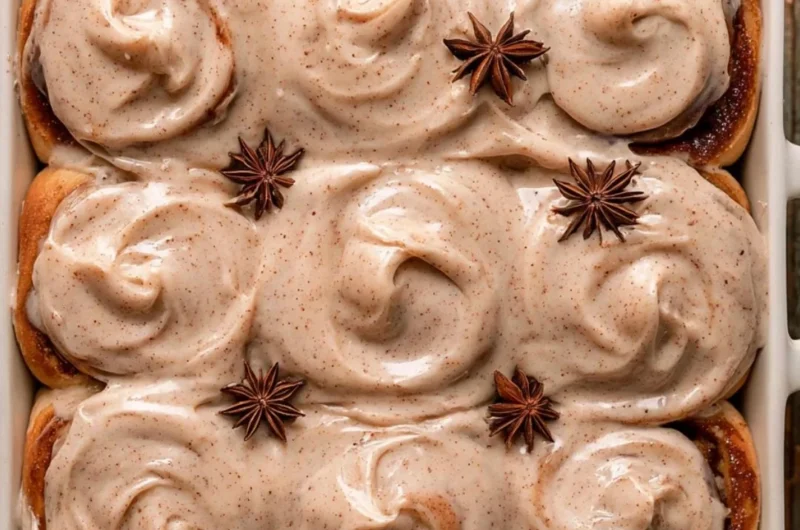 Freshly baked chai cinnamon rolls with spices and icing on top