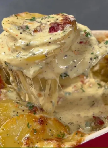 Delicious Cheesy Au Gratin Potatoes baked to perfection, with a golden crispy top.