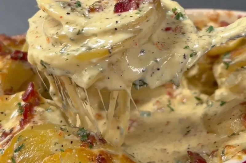 Delicious Cheesy Au Gratin Potatoes baked to perfection, with a golden crispy top.