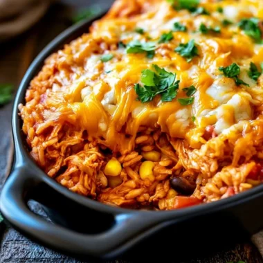 Delicious Chicken Enchilada Rice Casserole topped with cheese and fresh herbs