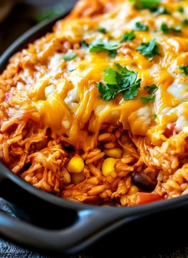 Delicious Chicken Enchilada Rice Casserole topped with cheese and fresh herbs