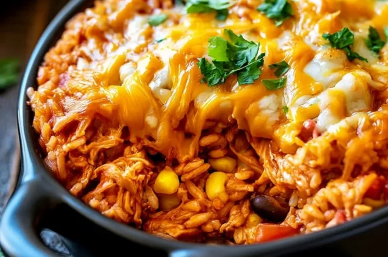 Delicious Chicken Enchilada Rice Casserole topped with cheese and fresh herbs