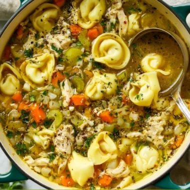 Delicious bowl of Chicken Tortellini Soup topped with herbs and ingredients