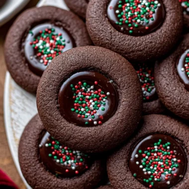 Plate of homemade chocolate thumbprint cookies with chocolate filling.