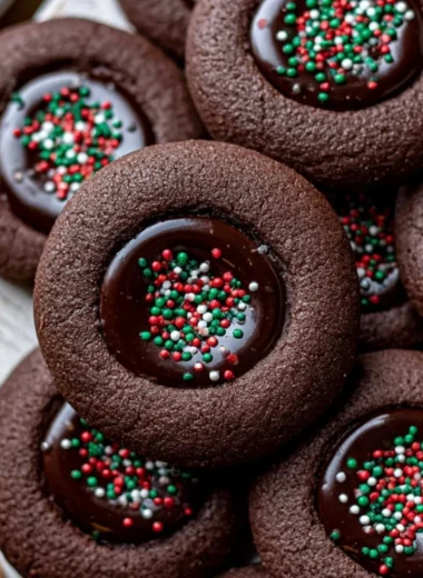 Plate of homemade chocolate thumbprint cookies with chocolate filling.