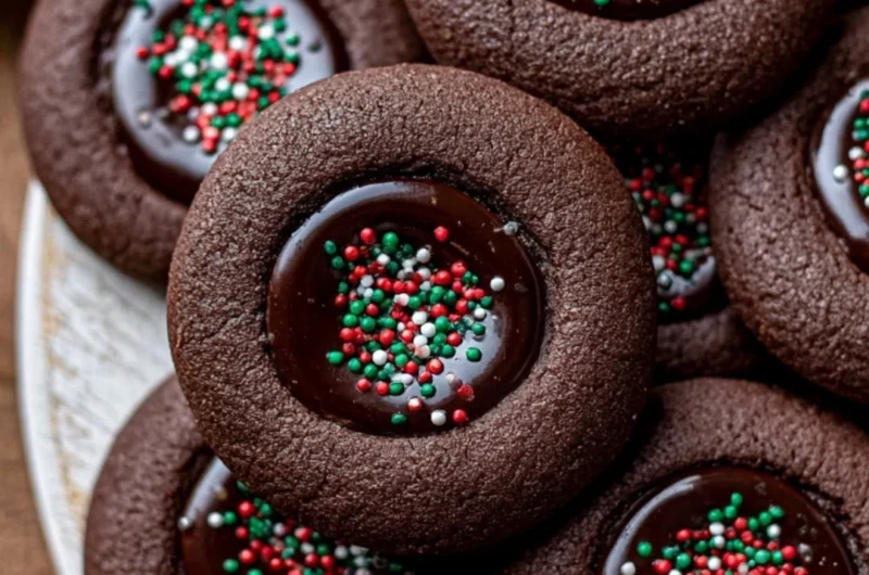 Plate of homemade chocolate thumbprint cookies with chocolate filling.