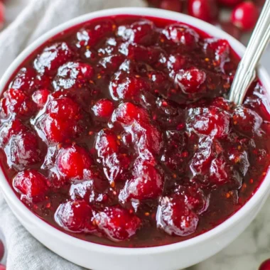 Homemade classic cranberry sauce in a serving bowl with fresh cranberries