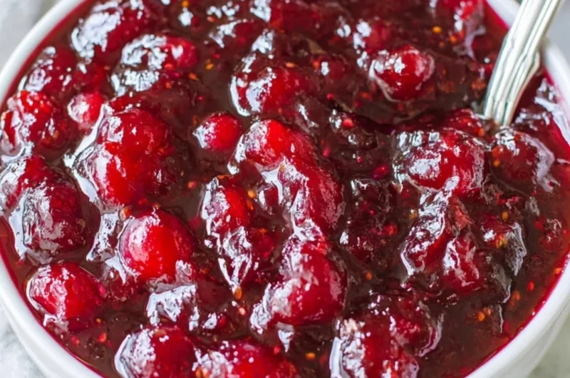 Homemade classic cranberry sauce in a serving bowl with fresh cranberries
