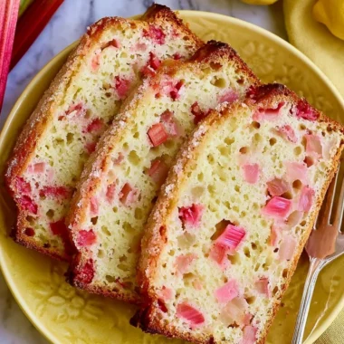 Slice of delicious classic lemon rhubarb bread on a plate