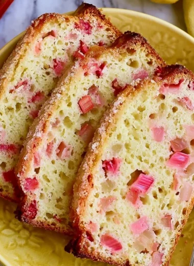 Slice of delicious classic lemon rhubarb bread on a plate
