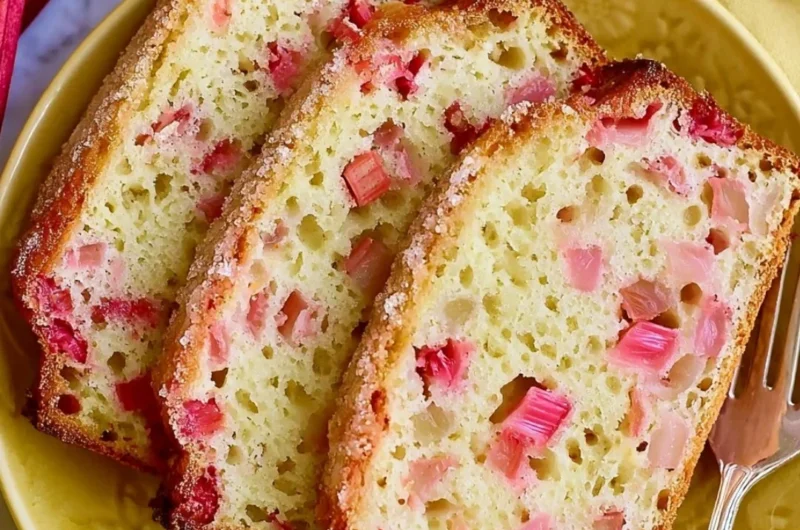 Slice of delicious classic lemon rhubarb bread on a plate