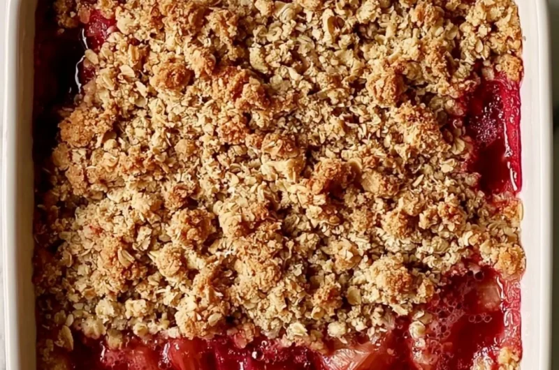 Delicious classic rhubarb crumble bars on a rustic wooden table