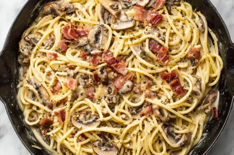 Bowl of creamy bacon mushroom pasta topped with herbs