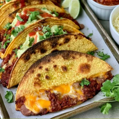 Crispy baked tacos filled with cheese, lettuce, and salsa on a plate.