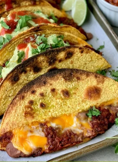 Crispy baked tacos filled with cheese, lettuce, and salsa on a plate.