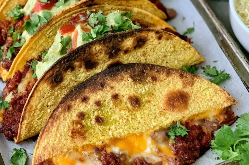 Crispy baked tacos filled with cheese, lettuce, and salsa on a plate.