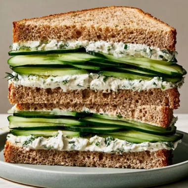 Delicious cucumber sandwich served on white bread with cream cheese and herbs.