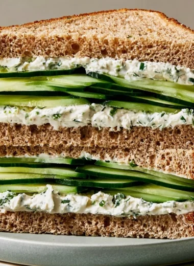 Delicious cucumber sandwich served on white bread with cream cheese and herbs.