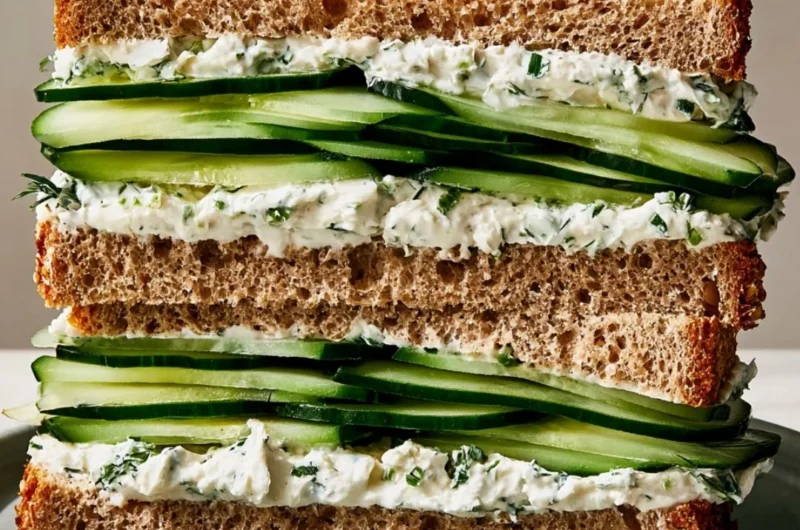Delicious cucumber sandwich served on white bread with cream cheese and herbs.