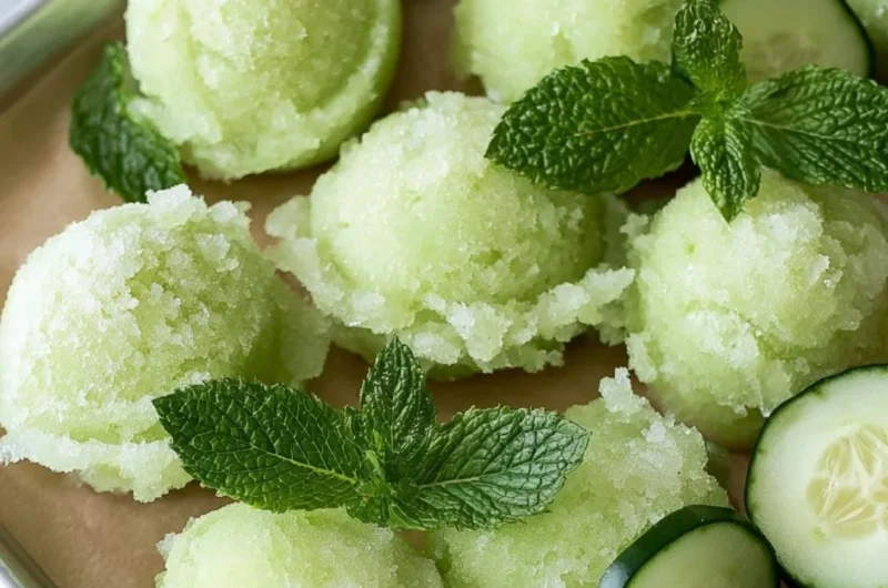 A bowl of refreshing cucumber sorbet garnished with mint leaves.