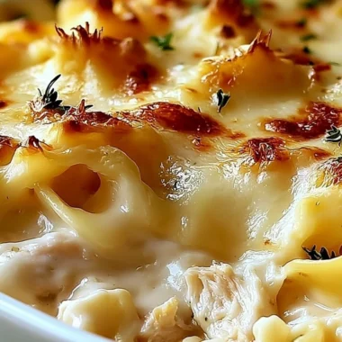 Dolly's creamy chicken noodle casserole served in a rustic dish