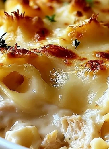 Dolly's creamy chicken noodle casserole served in a rustic dish