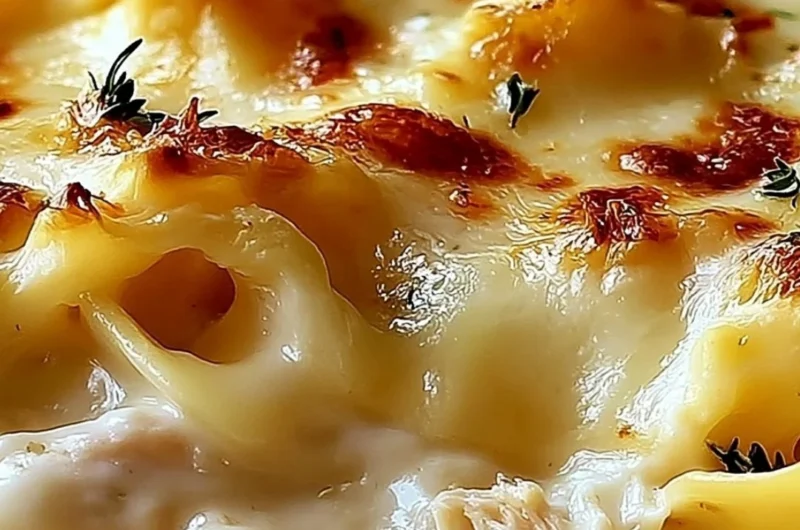 Dolly's creamy chicken noodle casserole served in a rustic dish