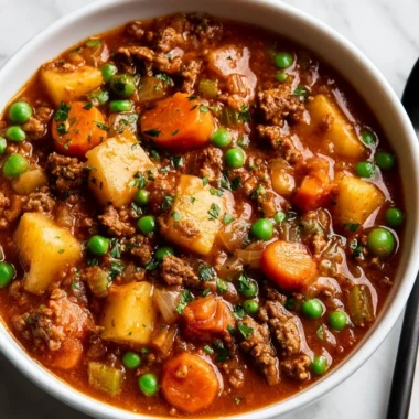 Delicious bowl of easy beef stew with vegetables and herbs