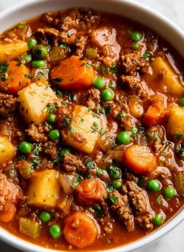 Delicious bowl of easy beef stew with vegetables and herbs