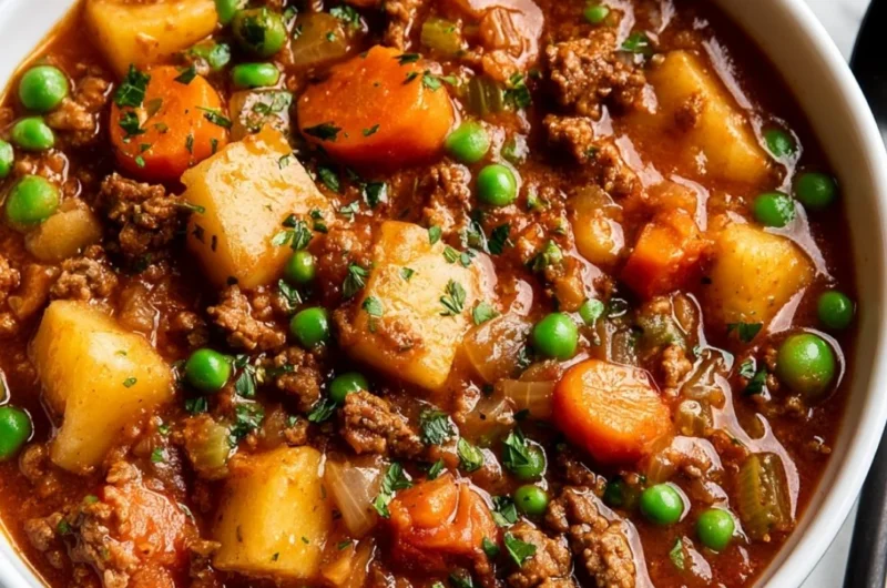 Delicious bowl of easy beef stew with vegetables and herbs