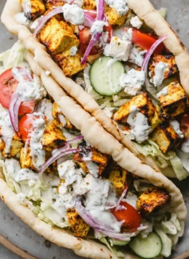 Easy chicken gyros served with fresh toppings and pita bread
