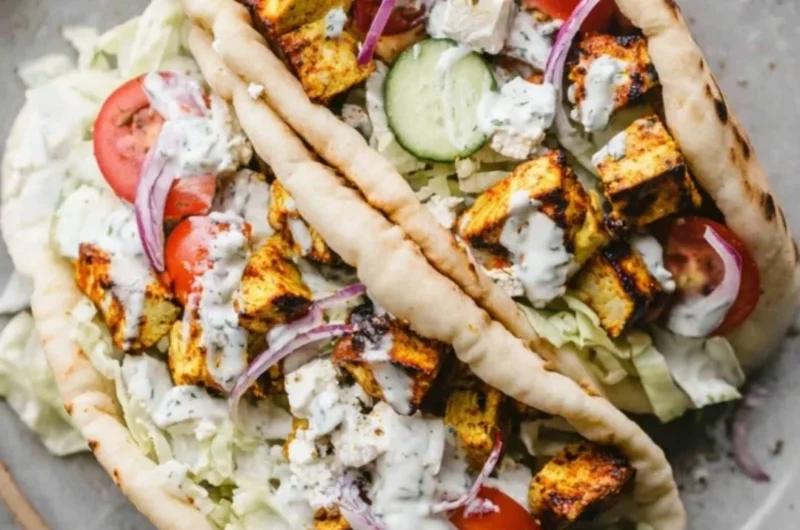 Easy chicken gyros served with fresh toppings and pita bread