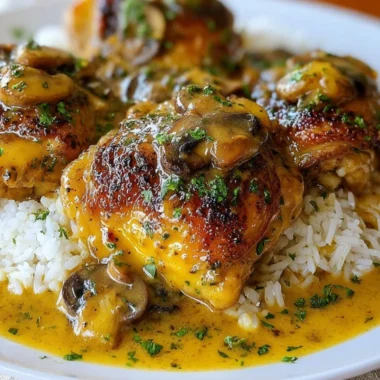 Easy crockpot chicken thighs served with creamy gravy in a bowl.