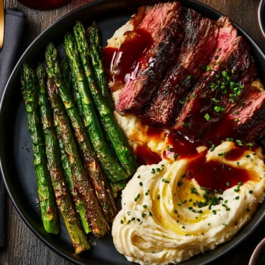 Easy gourmet steak served with mashed potatoes and asparagus on a plate