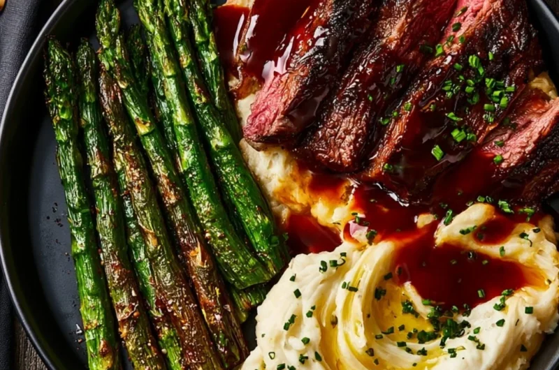 Easy gourmet steak served with mashed potatoes and asparagus on a plate