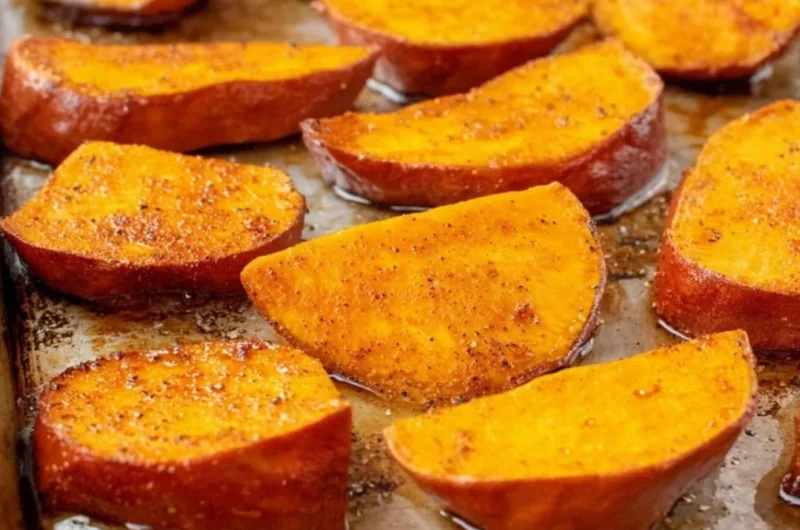Bowl of easy roasted sweet potatoes garnished with herbs