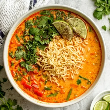 Bowl of easy Thai noodle soup with fresh herbs and vegetables