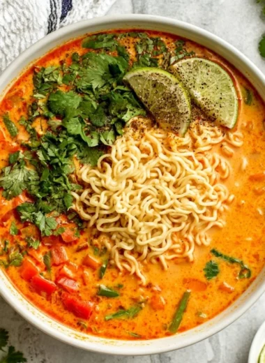 Bowl of easy Thai noodle soup with fresh herbs and vegetables