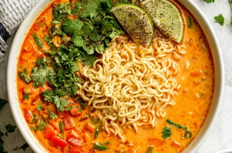 Bowl of easy Thai noodle soup with fresh herbs and vegetables