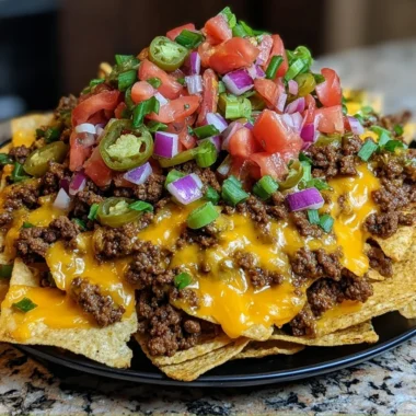 Plate of Epic Beef Nachos Supreme topped with cheese, jalapenos, and beef