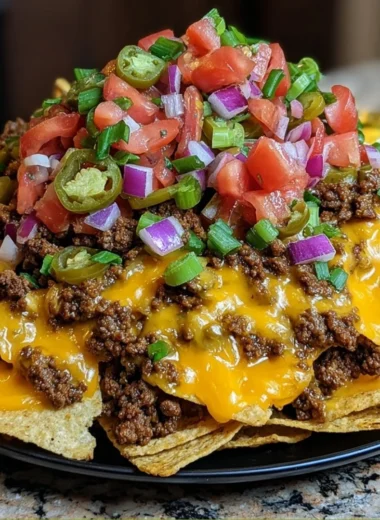 Plate of Epic Beef Nachos Supreme topped with cheese, jalapenos, and beef