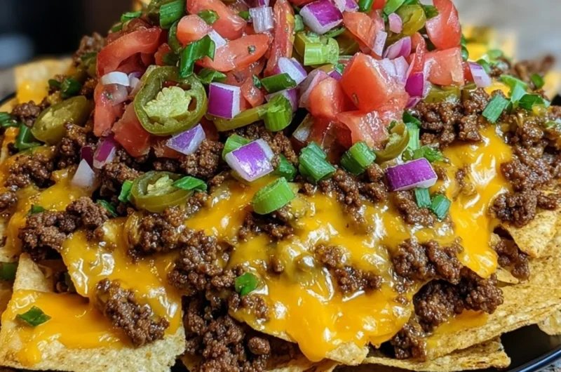Plate of Epic Beef Nachos Supreme topped with cheese, jalapenos, and beef