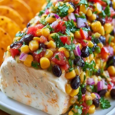 Fiesta Cowboy Caviar Cheese Log topped with fresh ingredients and colorful toppings