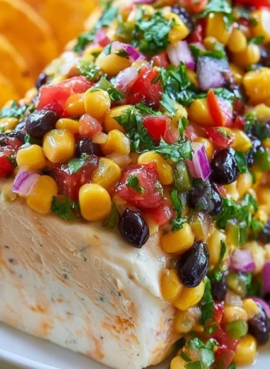 Fiesta Cowboy Caviar Cheese Log topped with fresh ingredients and colorful toppings