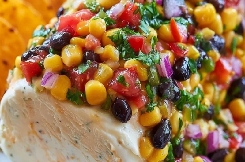 Fiesta Cowboy Caviar Cheese Log topped with fresh ingredients and colorful toppings