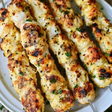Garlic Parmesan Chicken Kebabs cooked on a grill with fresh herbs and spices